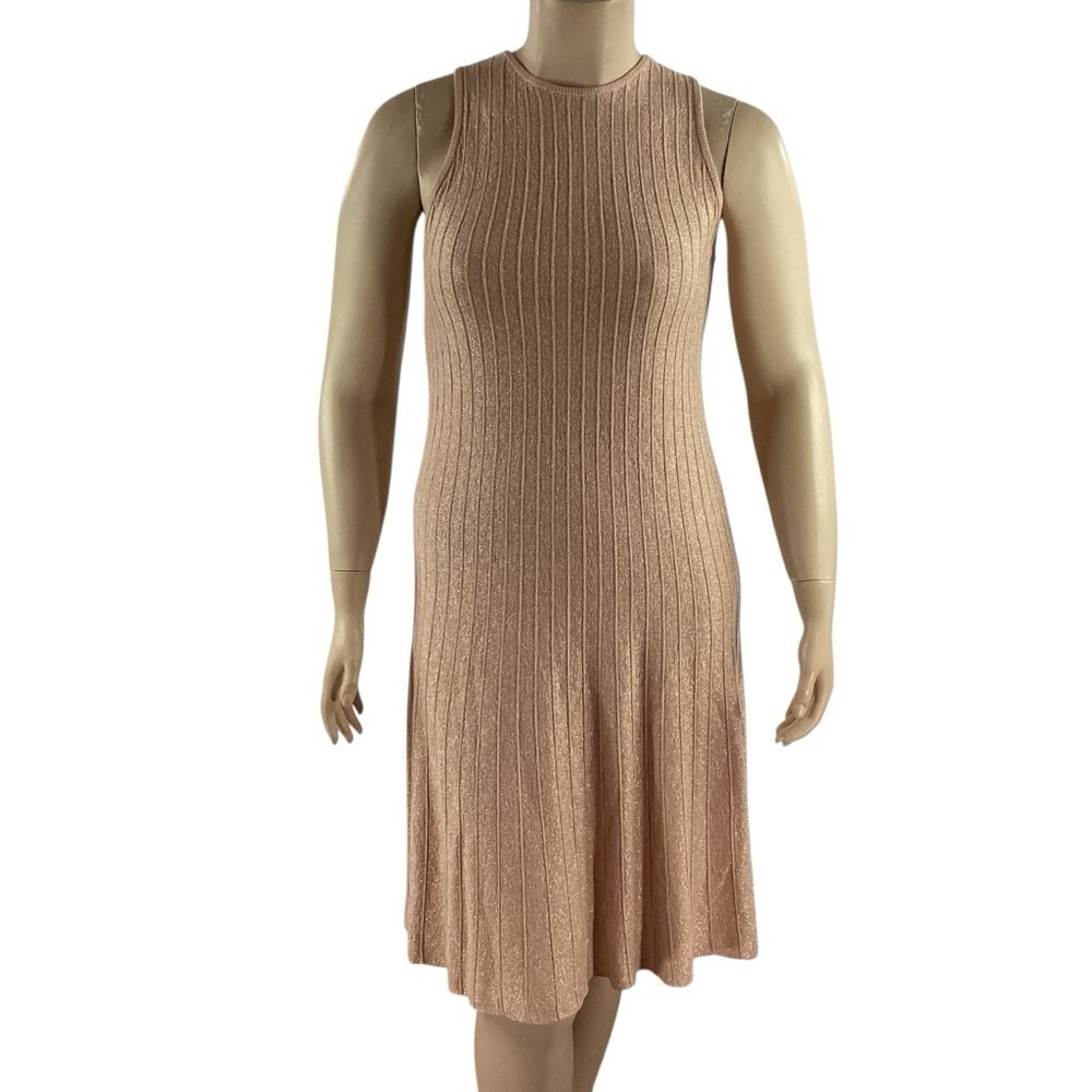 The Limited Ribbed Metallic Knit Sleeveless Fit & Flare Dress Gold L